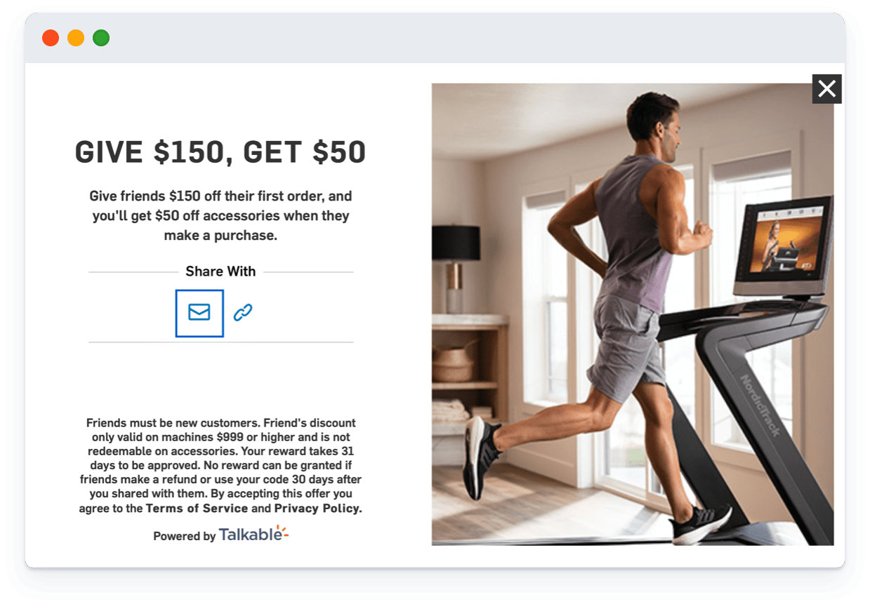 post purchase referral campaign example pop-up