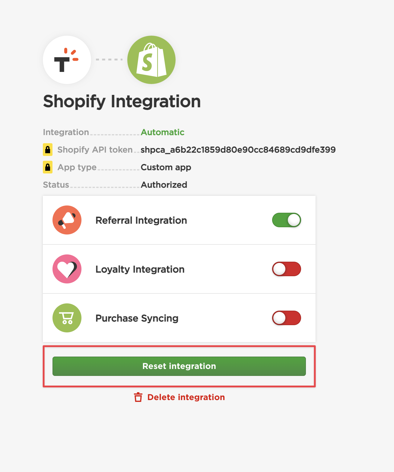 Shopify Reset Integration Button