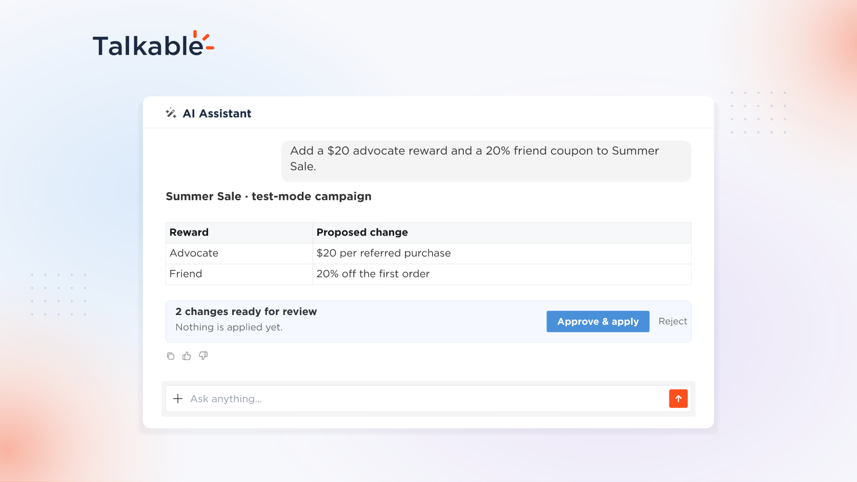 The Talkable AI Assistant previewing two Summer Sale reward changes with the blue Approve and apply control.