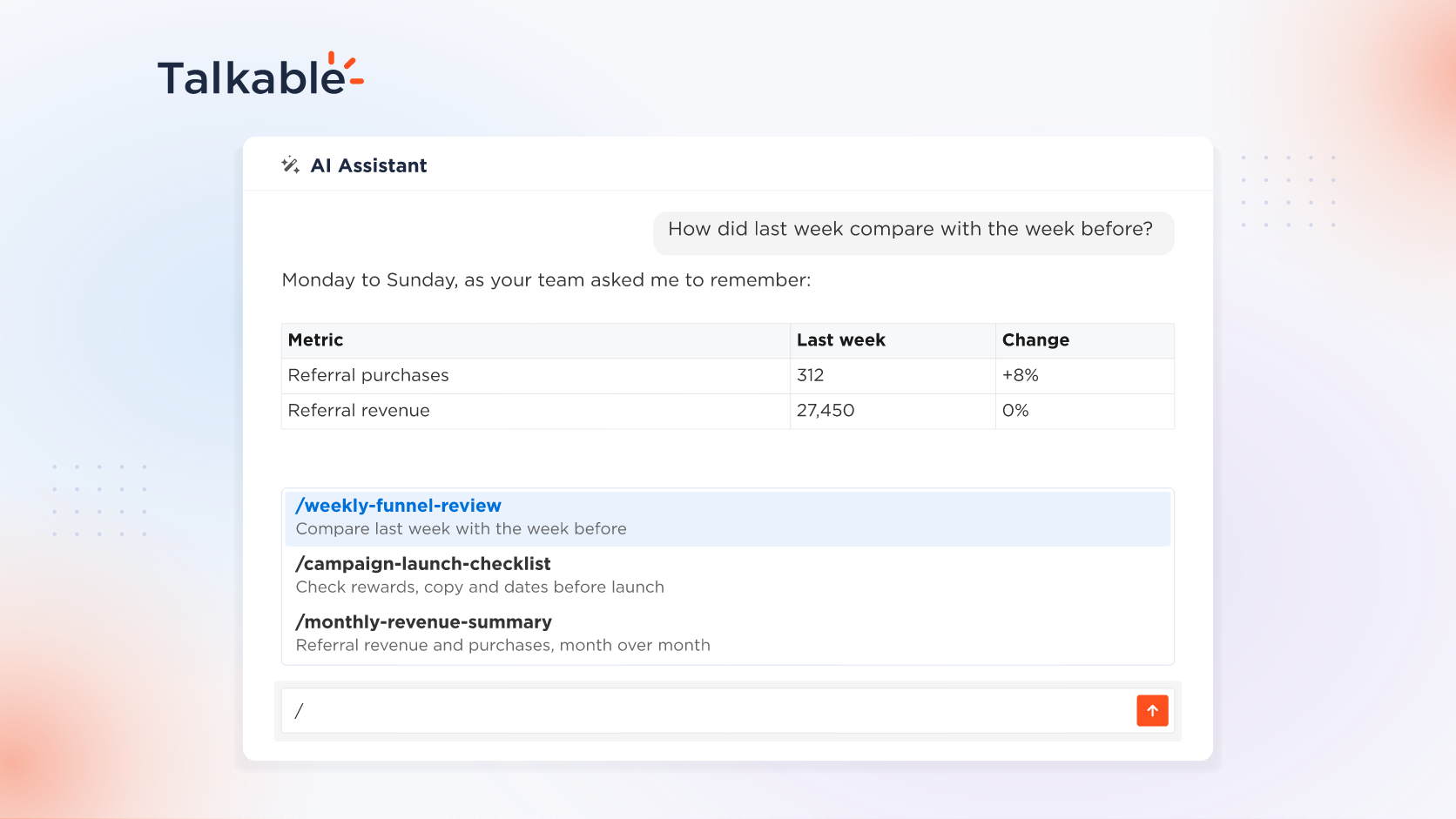 The Talkable AI Assistant showing a weekly funnel answer and the saved-skills slash menu above the message input.