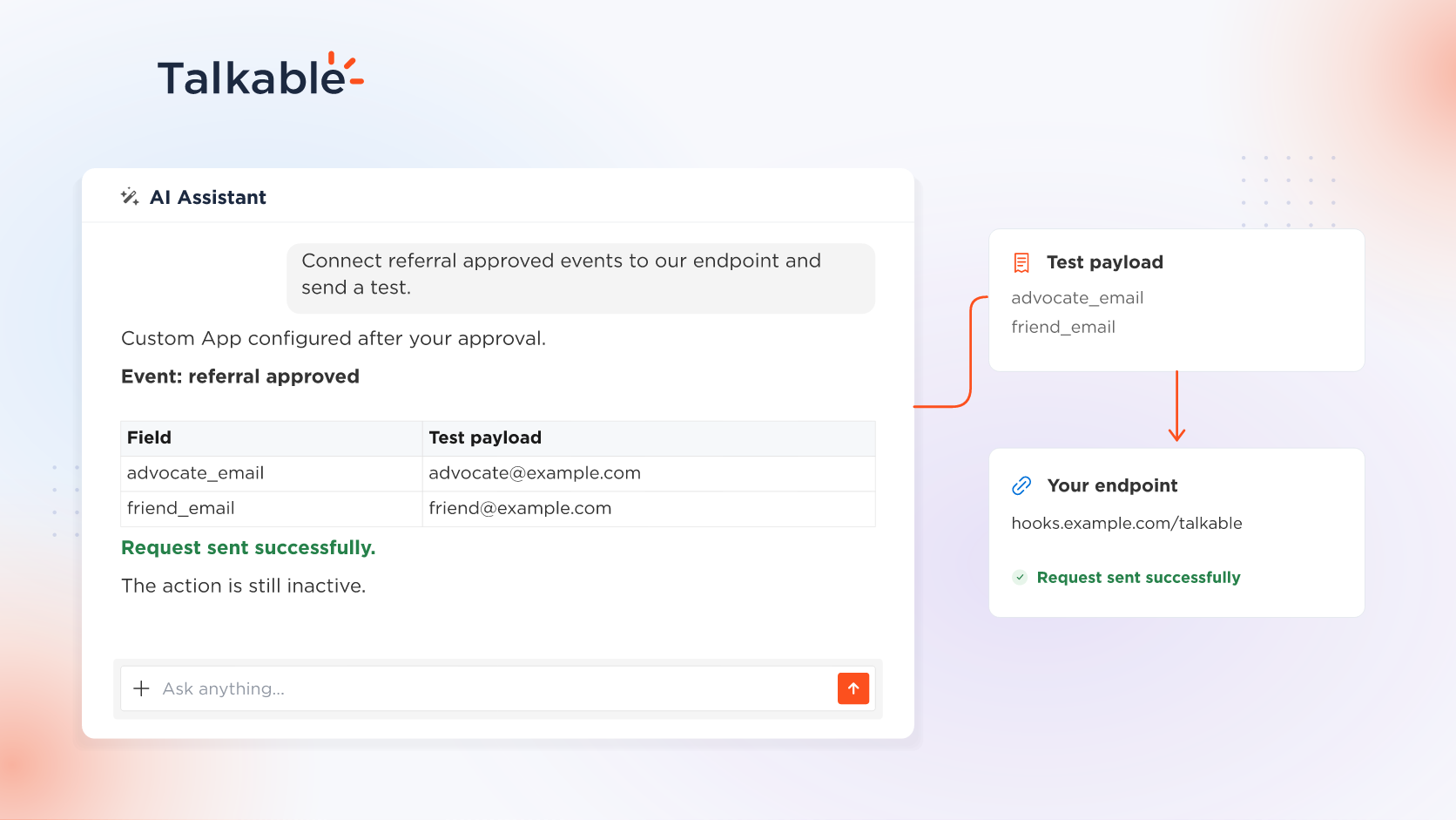 A Custom App test in the Talkable AI Assistant beside a directional payload-to-endpoint diagram and successful test response.