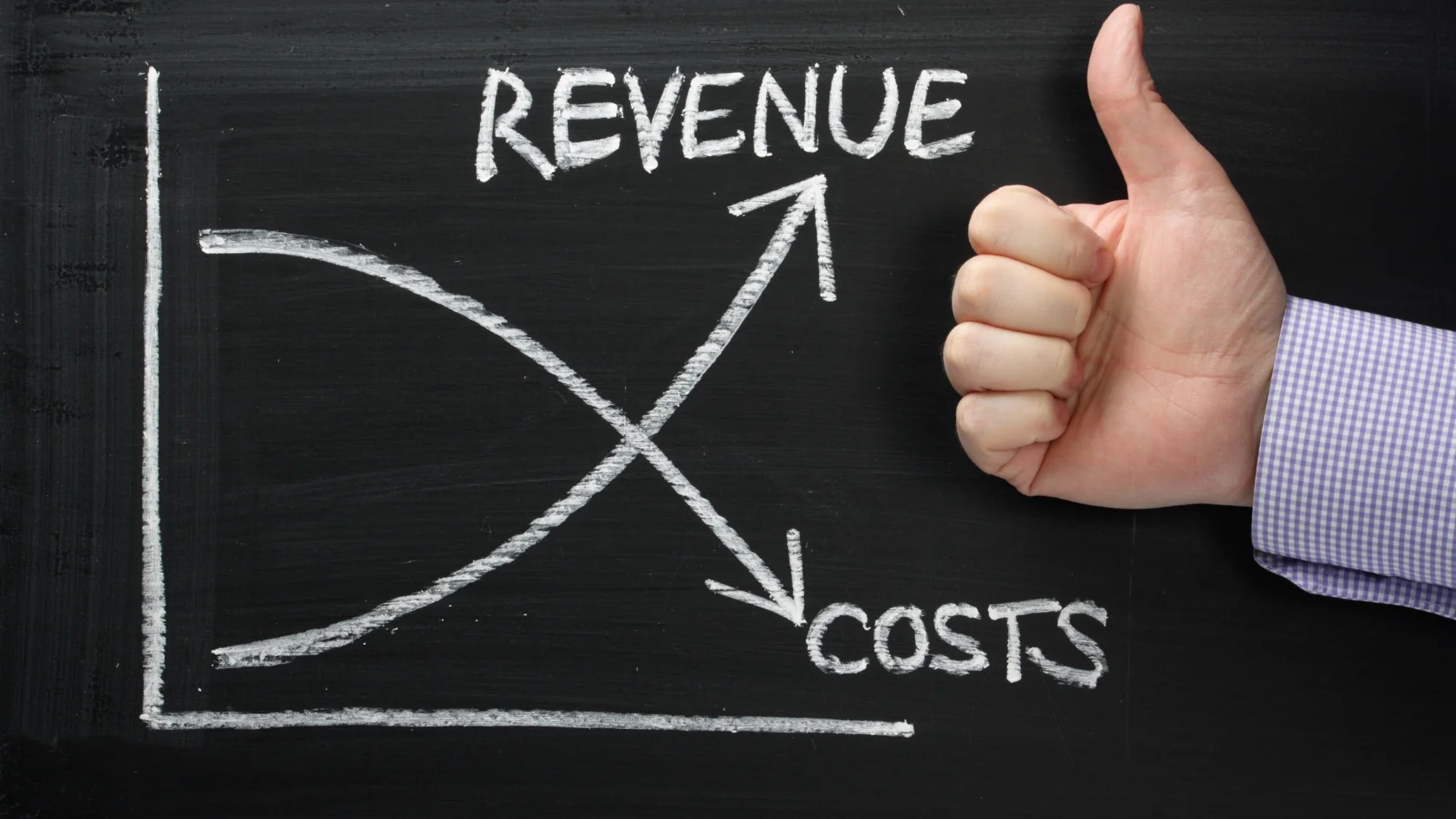 a chalkboard with a graph depicting increasing revenue and decreasing costs with a mans hand giving a thumbs up in front