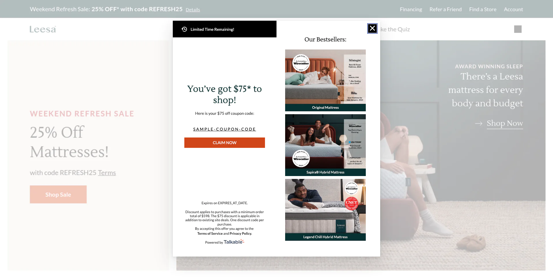 Leesa Sleep friend claim page with $75 coupon code and bestseller products