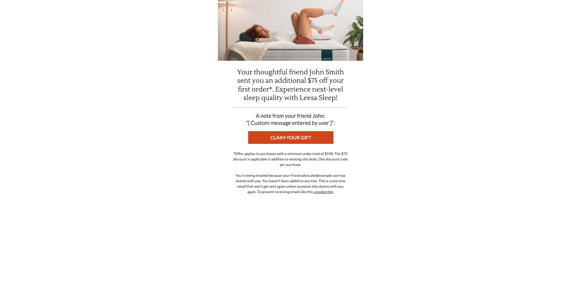 Leesa Sleep referral email with personalized friend message