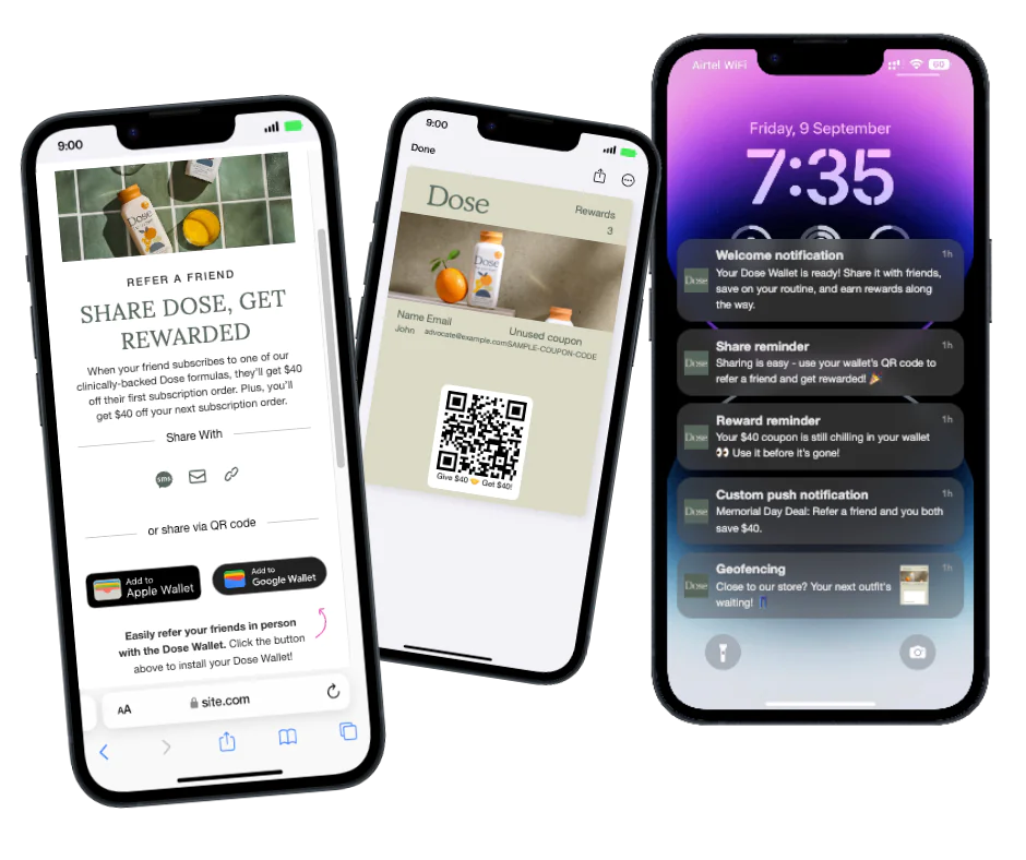 Dose Daily referral, Wallet pass, and Wallet push notification examples