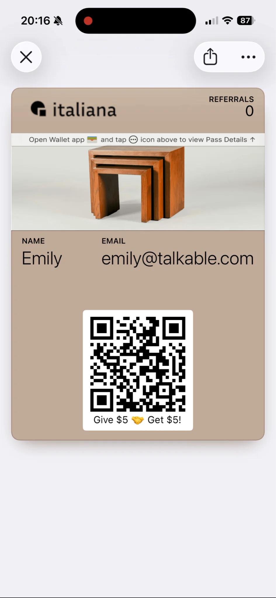 Talkable Wallet referral sharing screen