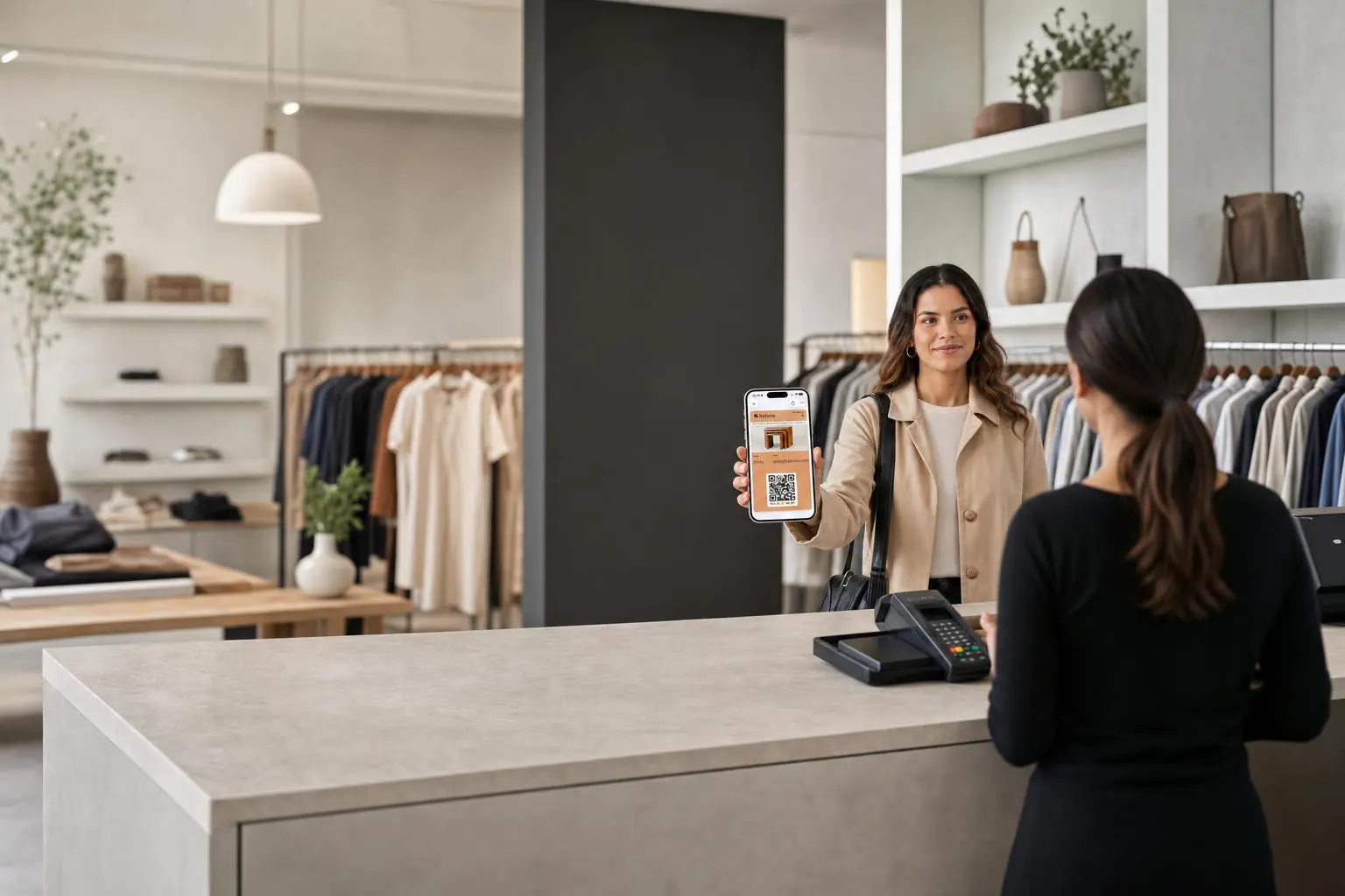 Shopper presenting a Talkable Wallet referral pass with a QR code at a boutique checkout